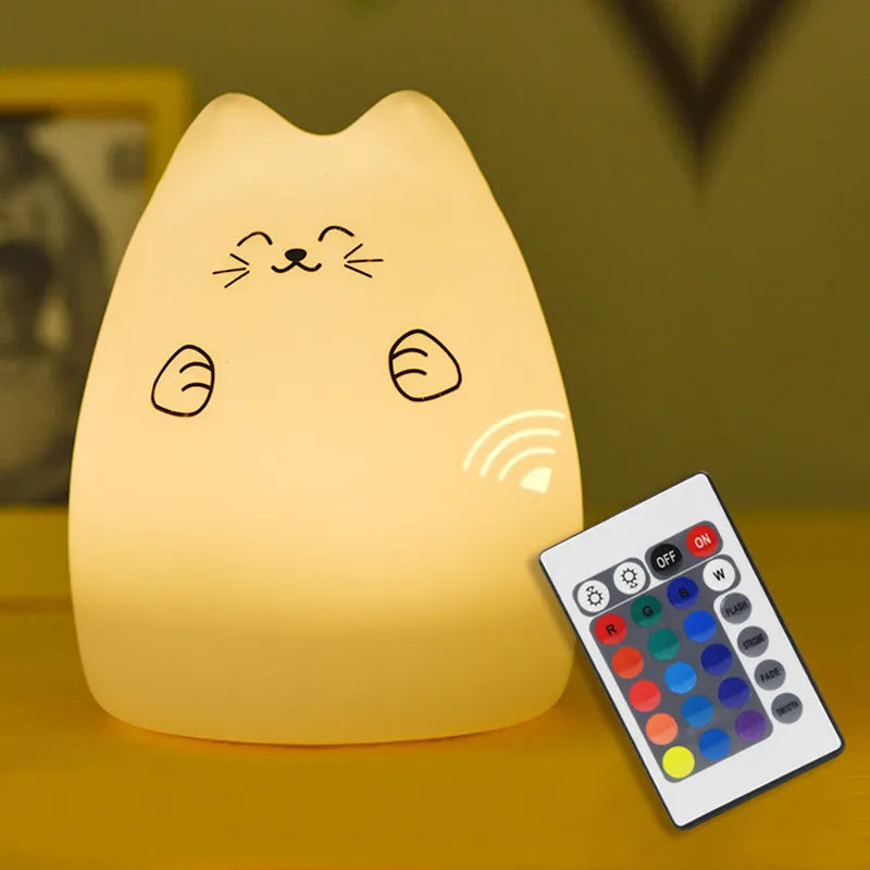 Cat LED Night Light Touch Sensor Remote Control 16 Colors Dimmable USB Rechargeable Silicone Animal Lamp for Children Baby Gift