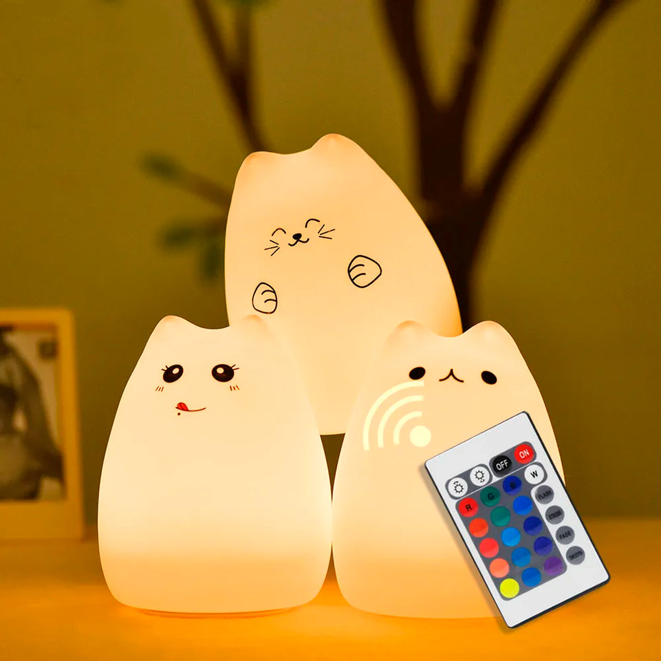 Cat LED Night Light Touch Sensor Remote Control 16 Colors Dimmable USB Rechargeable Silicone Animal Lamp for Children Baby Gift
