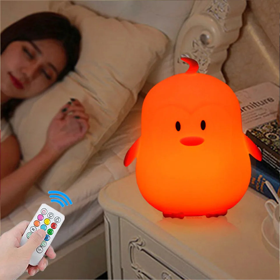 Penguin LED Night Light Touch Sensor Remote Control 9 Color Dimmable Timer USB Rechargeable Silicone Lamp for Children Baby Gift