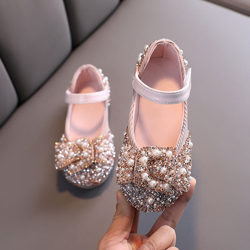 2023 New Childrens Shoes Pearl Rhinestones Shining Kids Princess Shoes Baby Girls Shoes Party And Wedding D487